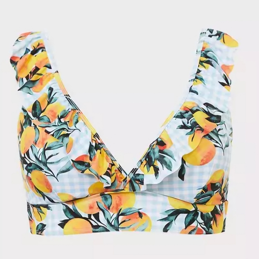 Torrid Blue Gingham & Oranges Ruffle Triangle Bikini Top Size 3X NWT